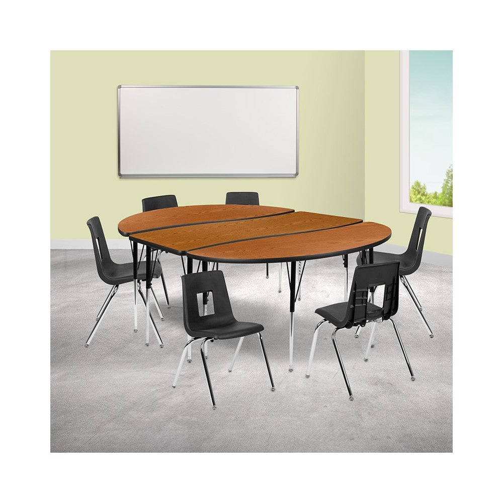 86" Oval Wave Collaborative Laminate Activity Table Set with 18" Student Stack Chairs, Oak/Black