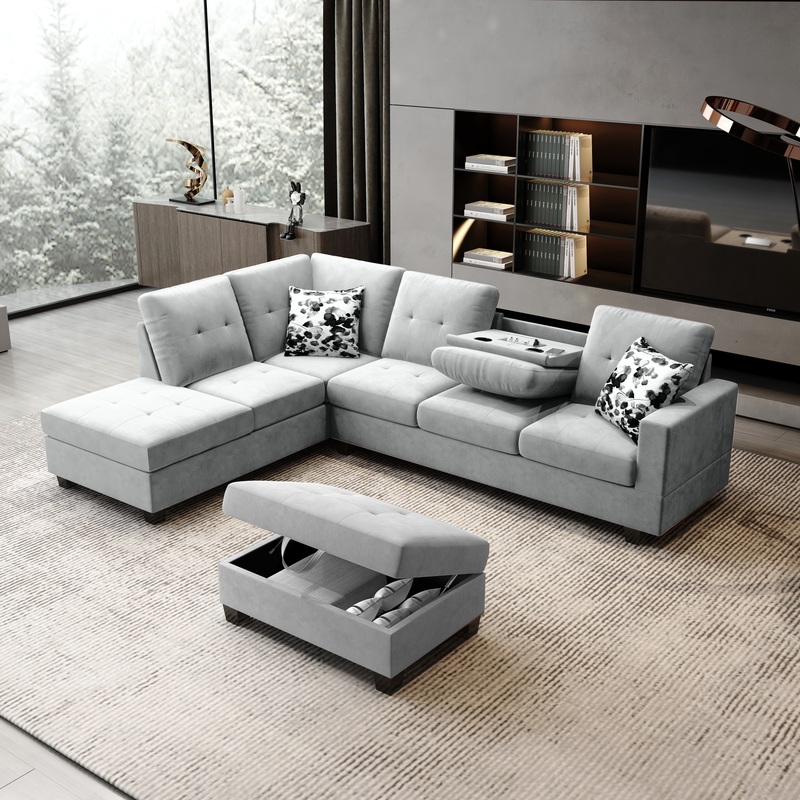 Remi Light Gray Velvet Reversible Sectional Sofa, Dropdown Table, Charging Ports