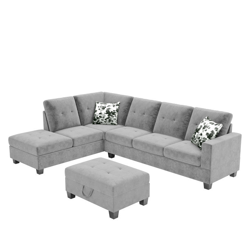 Remi Light Gray Velvet Reversible Sectional Sofa, Dropdown Table, Charging Ports