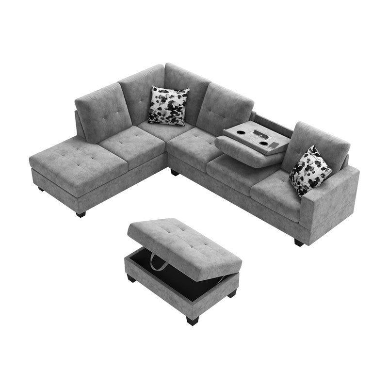 Remi Light Gray Velvet Reversible Sectional Sofa, Dropdown Table, Charging Ports