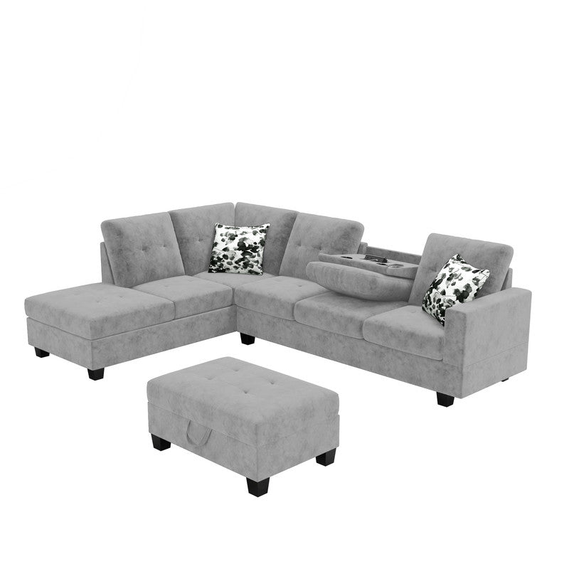 Remi Light Gray Velvet Reversible Sectional Sofa, Dropdown Table, Charging Ports
