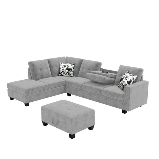 Remi Light Gray Velvet Reversible Sectional Sofa, Dropdown Table, Charging Ports