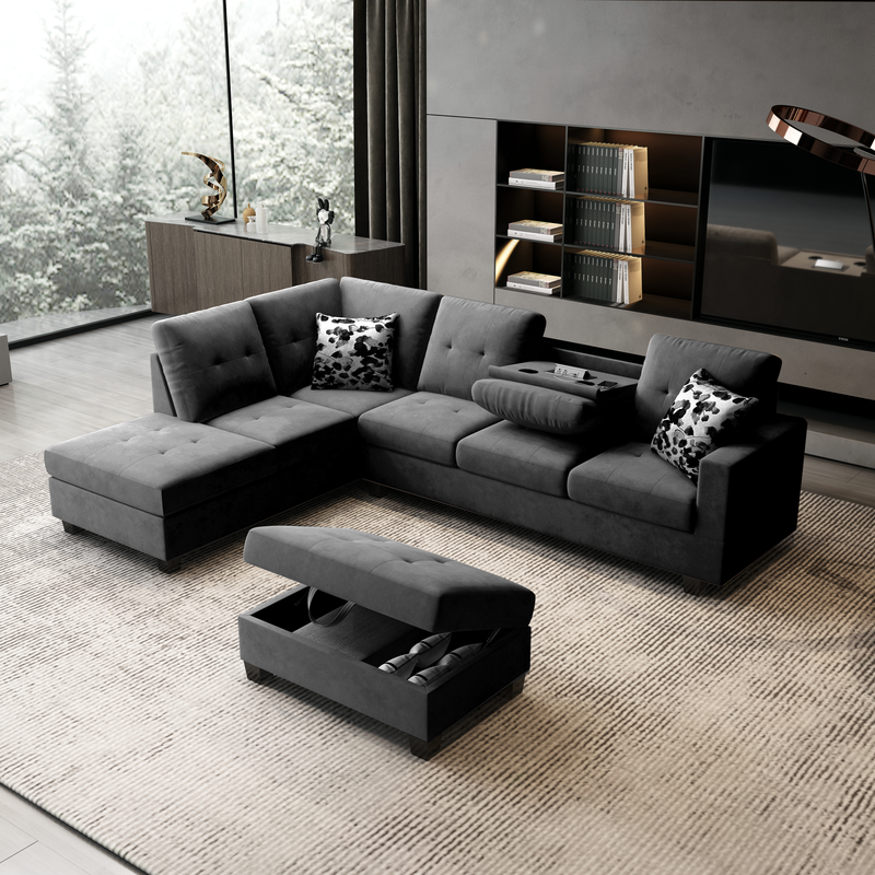 Remi Dark Gray Velvet Reversible Sectional Sofa, Dropdown Table, Charging Ports