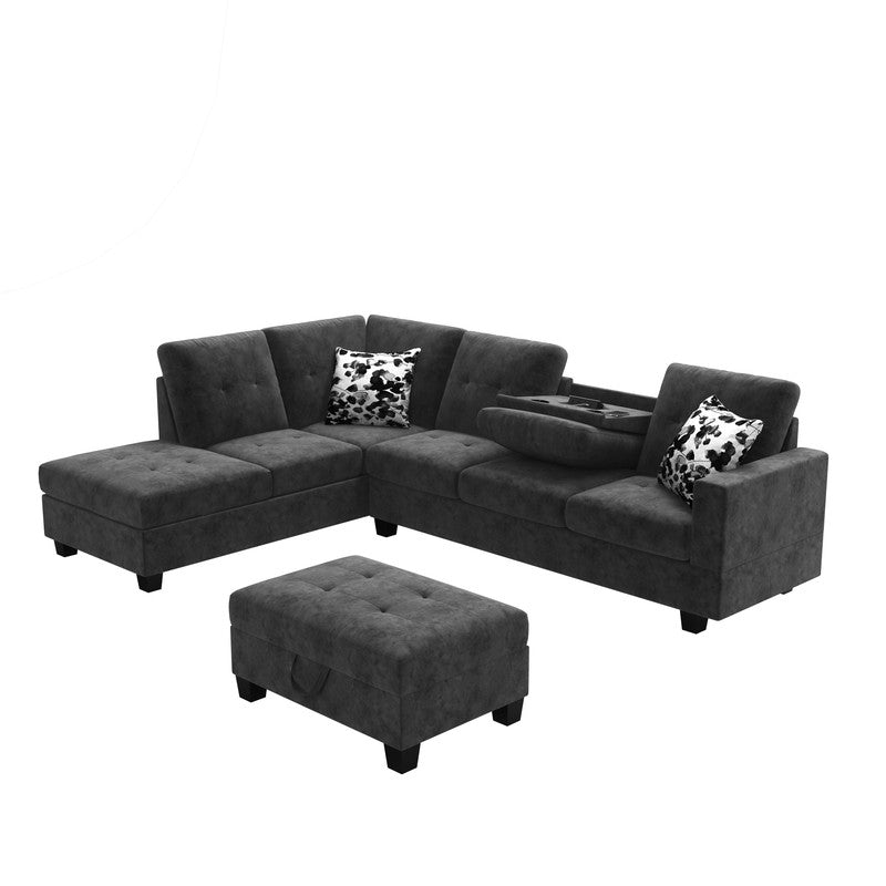 Remi Dark Gray Velvet Reversible Sectional Sofa, Dropdown Table, Charging Ports