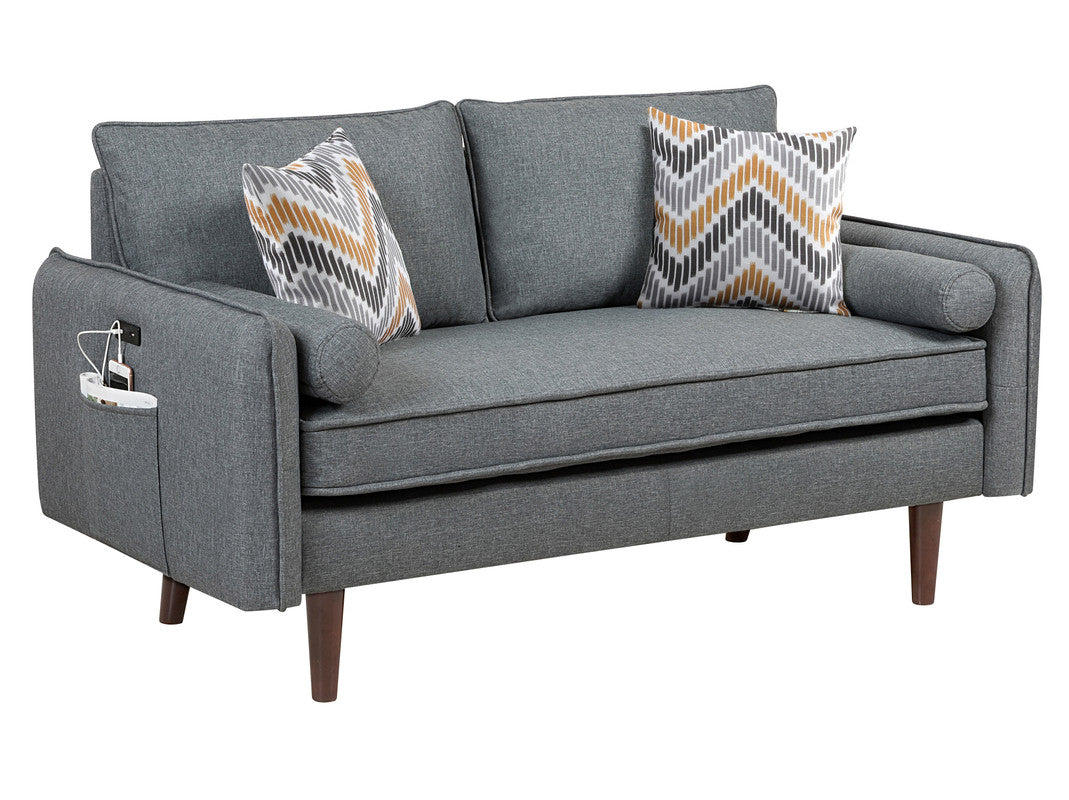 Lilola Home Mia Gray Linen Loveseat Couch with USB Charging Ports & Pillows