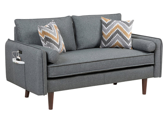 Lilola Home Mia Gray Linen Loveseat Couch with USB Charging Ports & Pillows