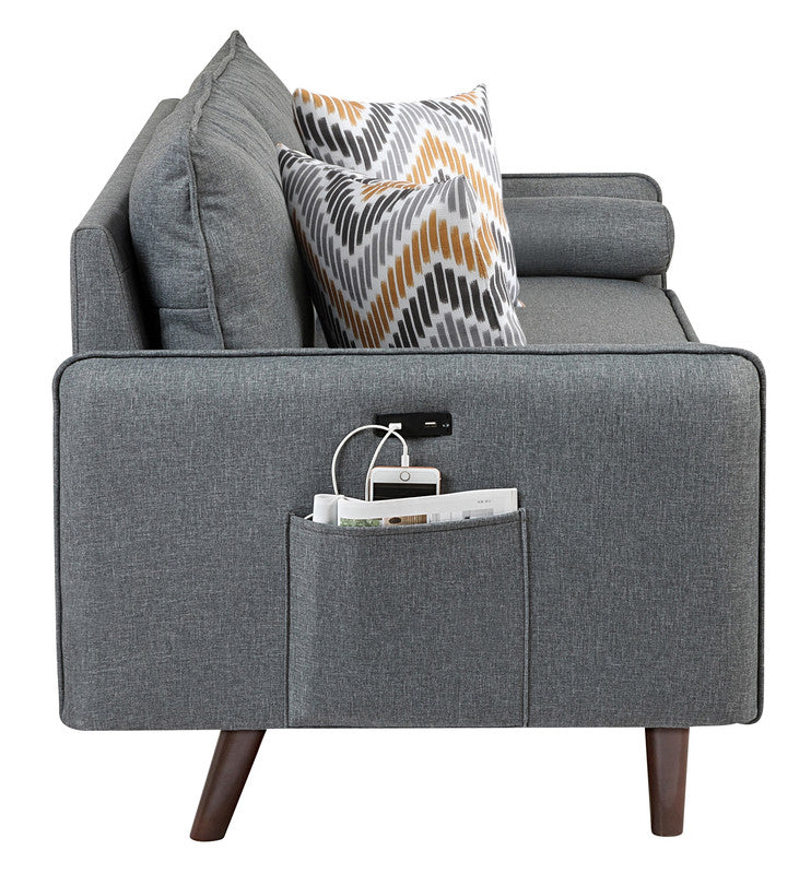 Mia Mid-Century Modern Gray Linen Sofa Couch with USB Charging Ports & Pillows