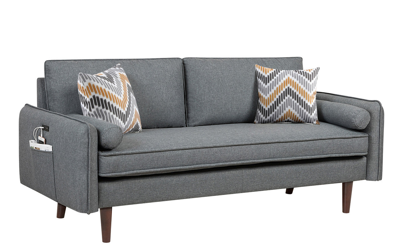 Mia Mid-Century Modern Gray Linen Sofa Couch with USB Charging Ports & Pillows
