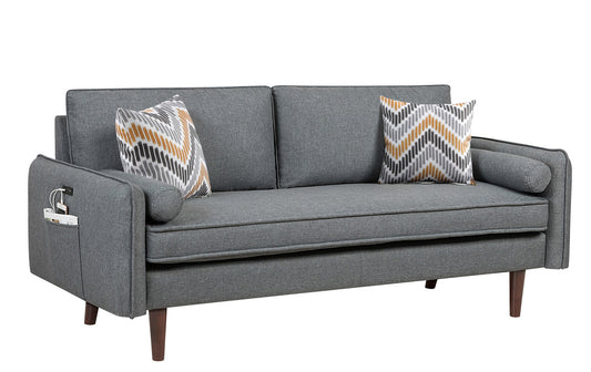 Mia Mid-Century Modern Gray Linen Sofa Couch with USB Charging Ports & Pillows