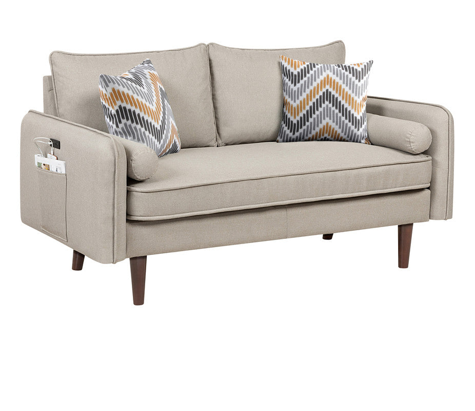 Lilola Home Mia Beige Linen Loveseat Couch with USB Charging Ports & Pillows