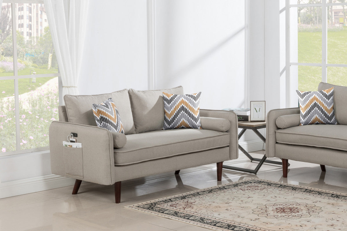 Lilola Home Mia Beige Linen Loveseat Couch with USB Charging Ports & Pillows