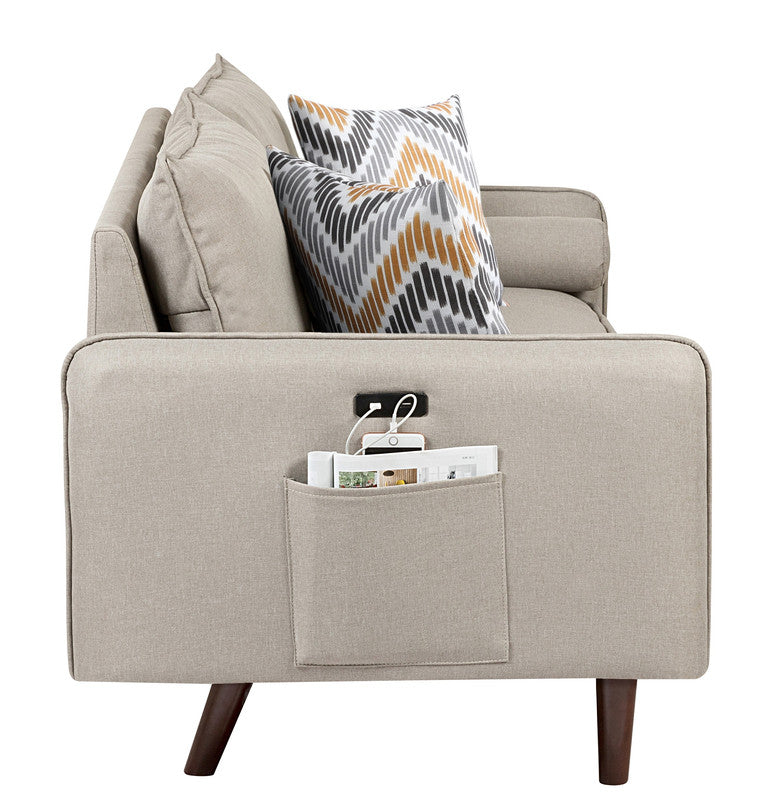 Mia Mid-Century Modern Beige Linen Sofa Couch with USB Charging Ports & Pillows