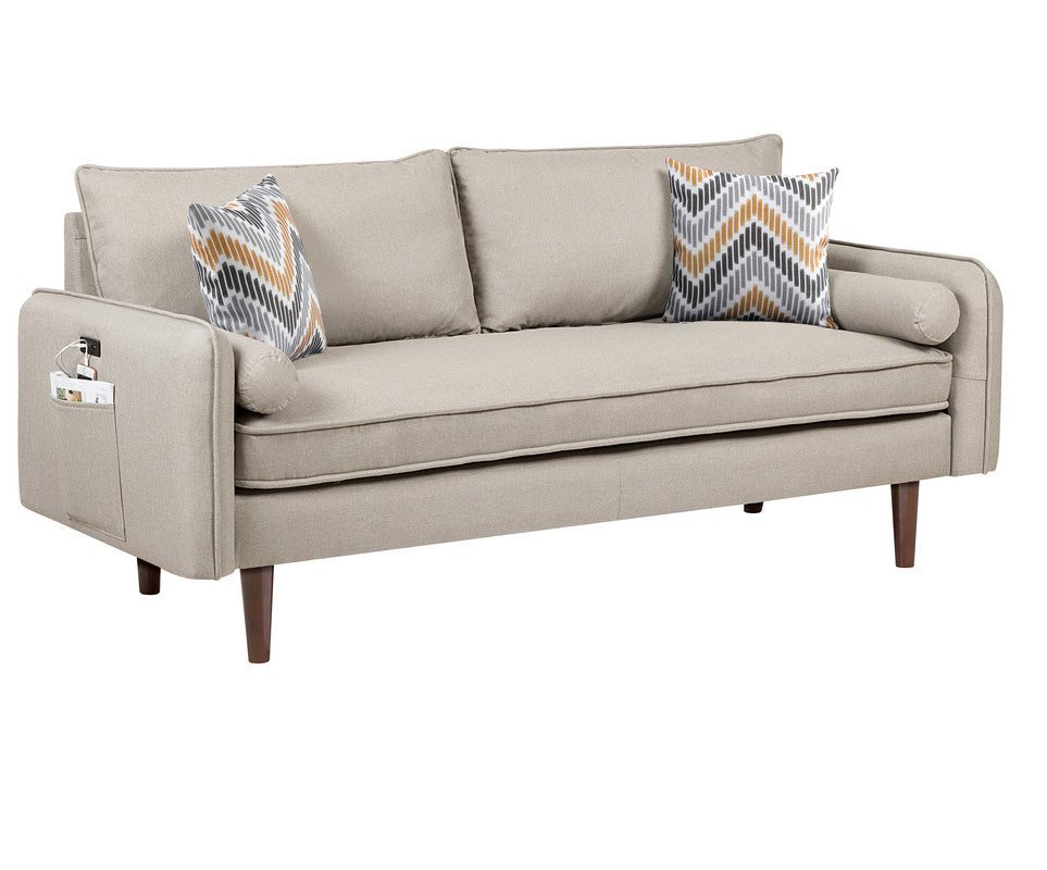 Mia Mid-Century Modern Beige Linen Sofa Couch with USB Charging Ports & Pillows