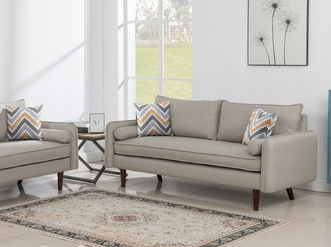 Mia Mid-Century Modern Beige Linen Sofa Couch with USB Charging Ports & Pillows