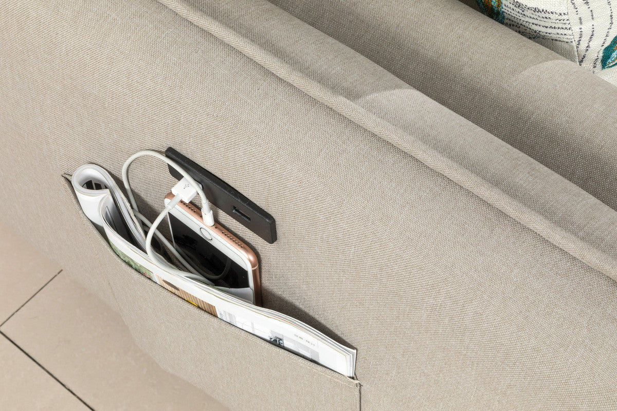 Mia Mid-Century Modern Beige Linen Sofa Couch with USB Charging Ports & Pillows