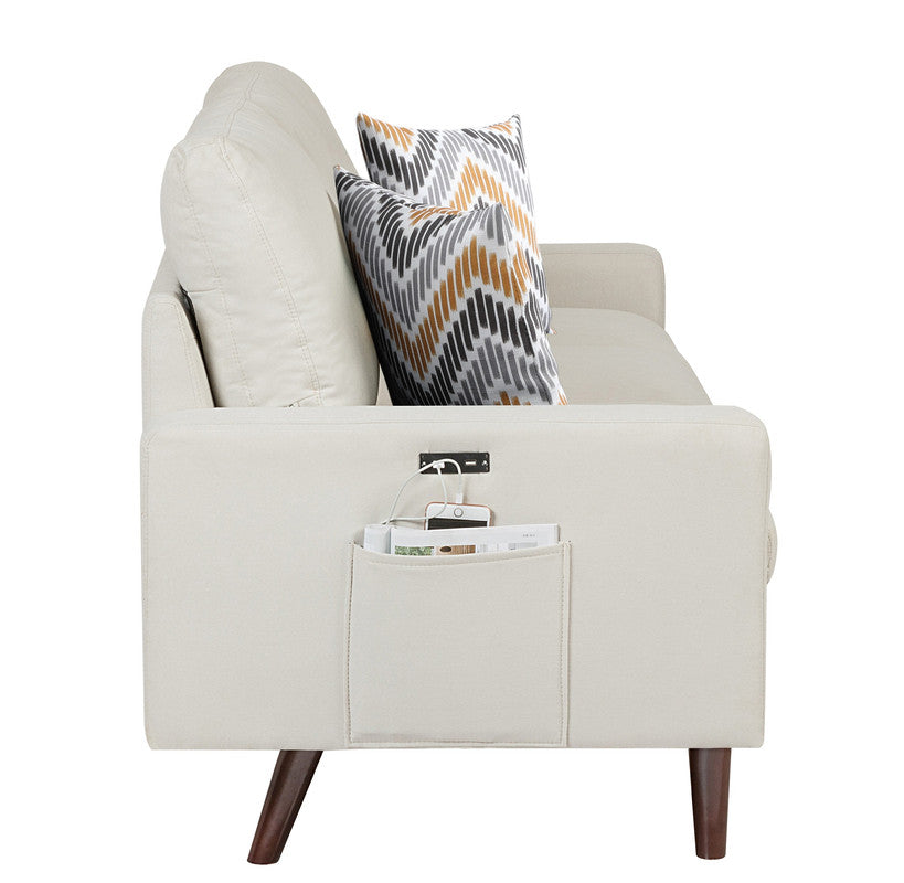 Abella Mid-Century Modern Beige Woven Sofa Couch, USB Charging Ports & Pillows