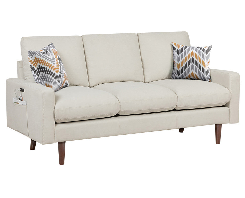 Abella Mid-Century Modern Beige Woven Sofa Couch, USB Charging Ports & Pillows