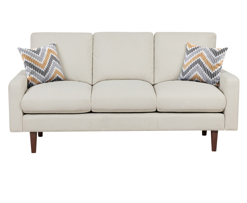 Abella Mid-Century Modern Beige Woven Sofa Couch, USB Charging Ports & Pillows