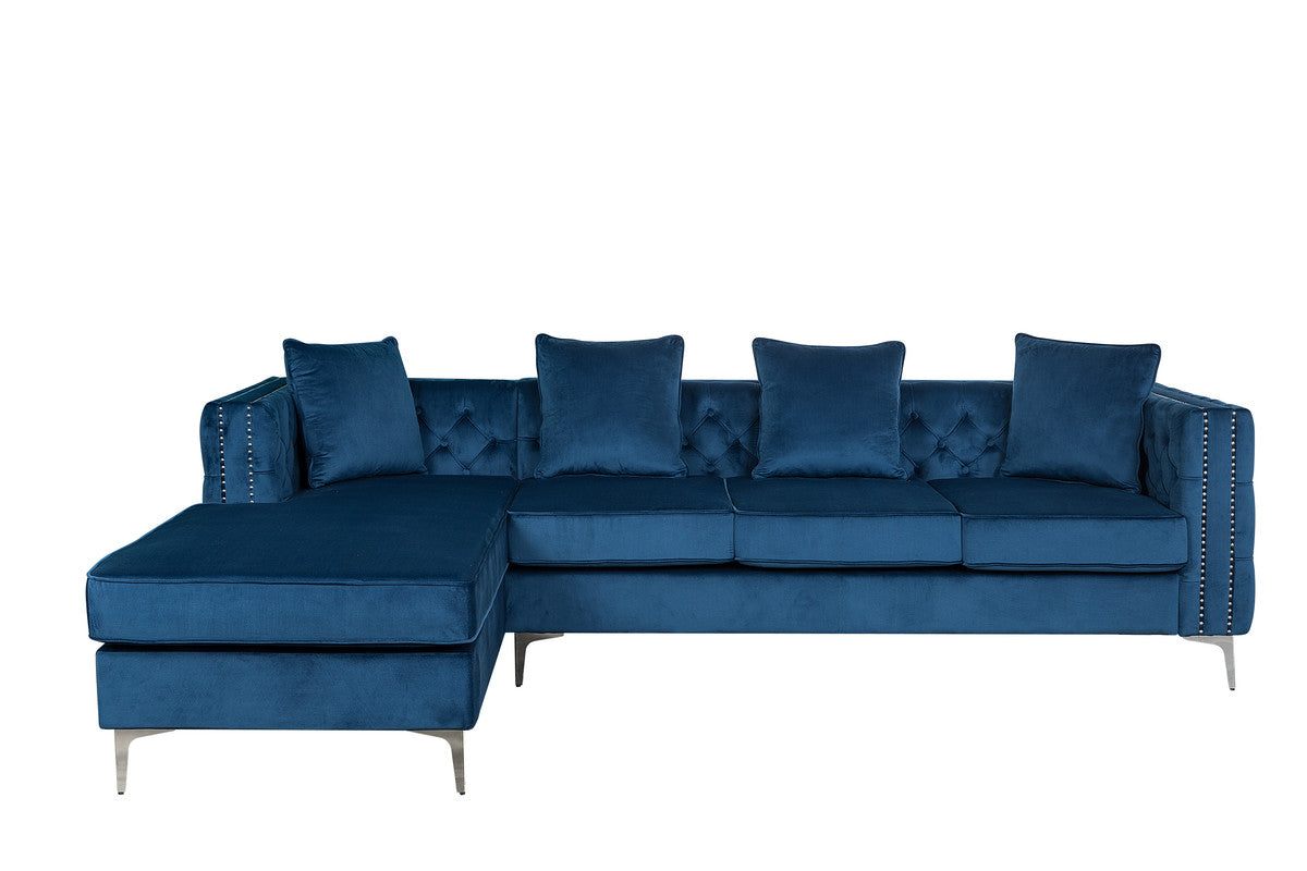 Ryan Deep Blue Velvet Reversible Sectional Sofa Chaise with Nail-Head Trim