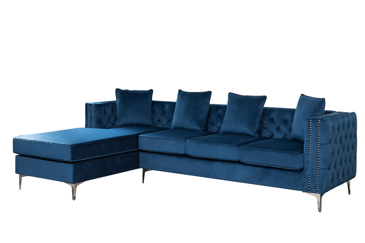 Ryan Deep Blue Velvet Reversible Sectional Sofa Chaise with Nail-Head Trim
