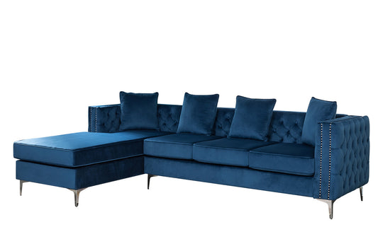 Ryan Deep Blue Velvet Reversible Sectional Sofa Chaise with Nail-Head Trim