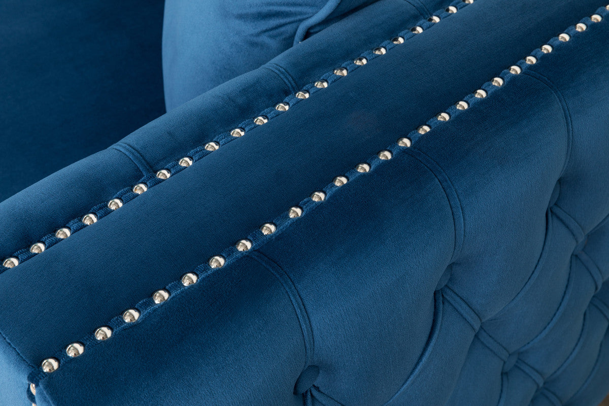 Ryan Deep Blue Velvet Reversible Sectional Sofa Chaise with Nail-Head Trim
