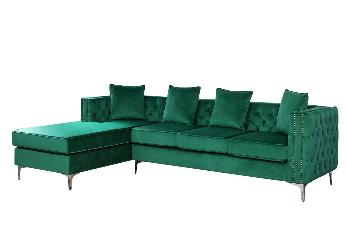 Ryan Green Velvet Reversible Sectional Sofa Chaise with Nail-Head Trim