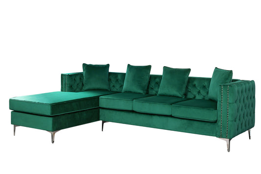 Ryan Green Velvet Reversible Sectional Sofa Chaise with Nail-Head Trim