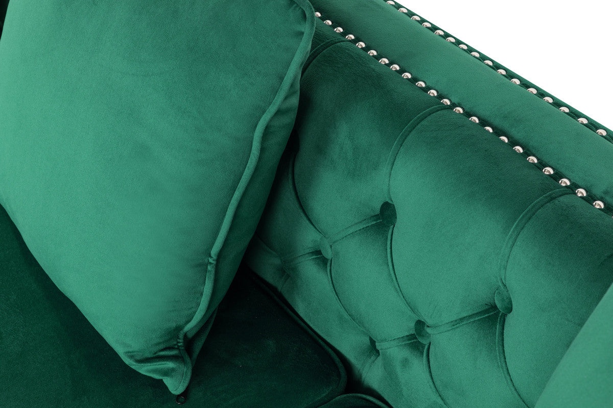 Ryan Green Velvet Reversible Sectional Sofa Chaise with Nail-Head Trim