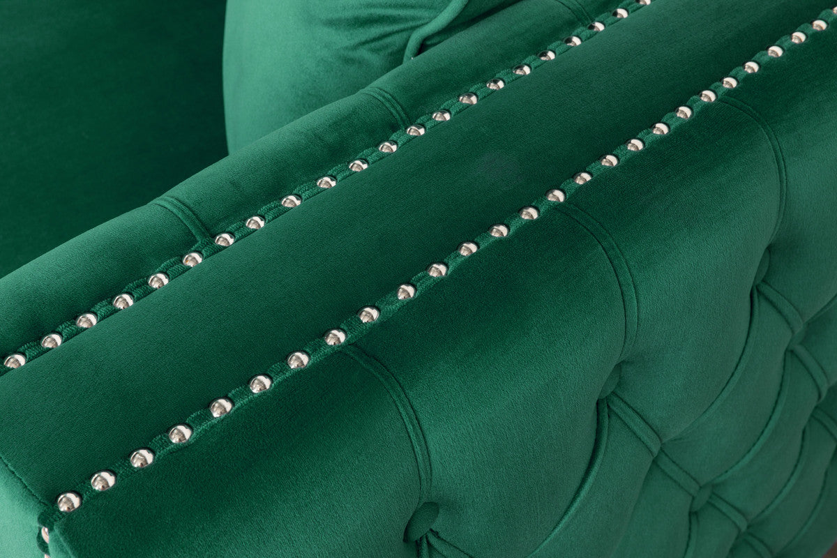 Ryan Green Velvet Reversible Sectional Sofa Chaise with Nail-Head Trim