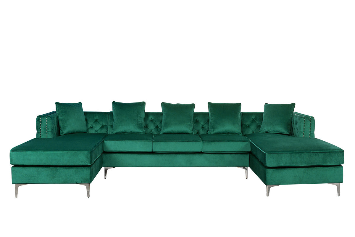 Lilola Home Ryan Green Velvet Double Chaise Sectional Sofa with Nail-Head Trim