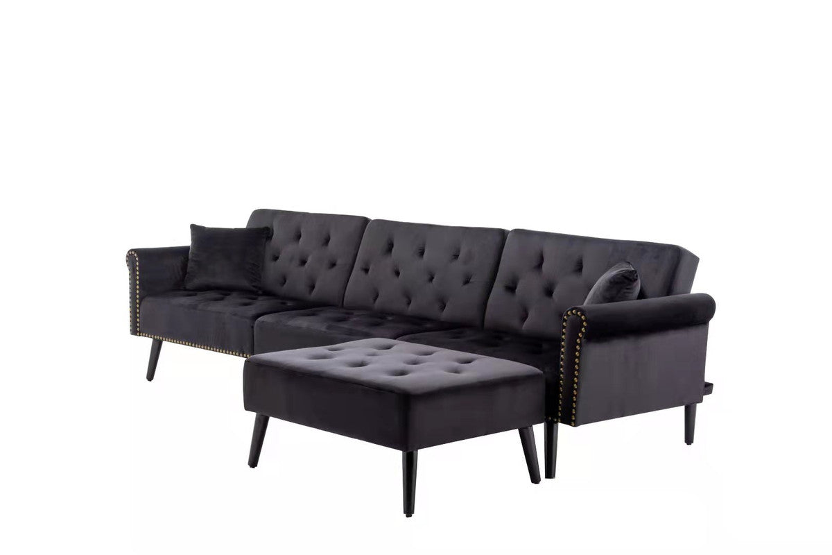 Lilola Home Piper Black Velvet Sofa Bed with Ottoman and 2 Accent Pillows