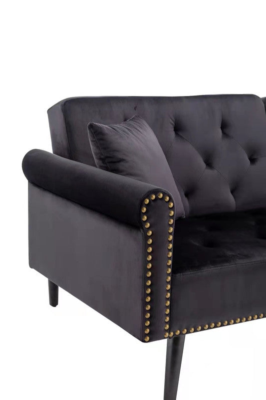 Lilola Home Piper Black Velvet Sofa Bed with Ottoman and 2 Accent Pillows