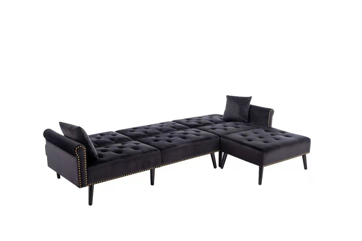 Lilola Home Piper Black Velvet Sofa Bed with Ottoman and 2 Accent Pillows