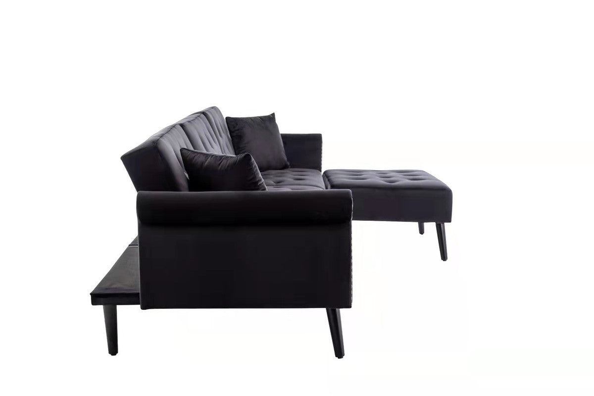 Lilola Home Piper Black Velvet Sofa Bed with Ottoman and 2 Accent Pillows