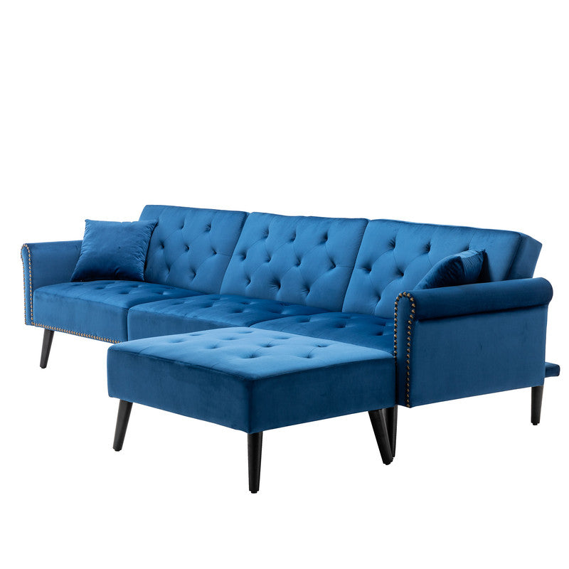 Lilola Home Piper Navy Blue Velvet Sofa Bed with Ottoman and 2 Accent Pillows