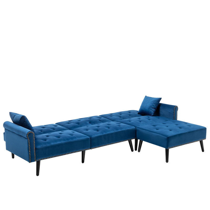 Lilola Home Piper Navy Blue Velvet Sofa Bed with Ottoman and 2 Accent Pillows