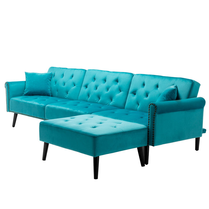 Lilola Home Piper Light Blue Velvet Sofa Bed with Ottoman and 2 Accent Pillows