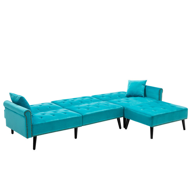 Lilola Home Piper Light Blue Velvet Sofa Bed with Ottoman and 2 Accent Pillows