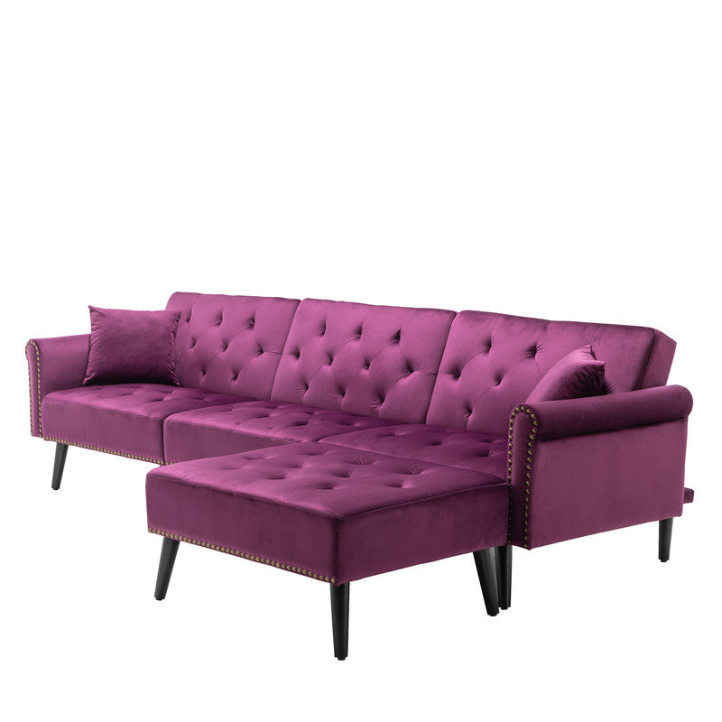 Lilola Home Piper Purple Velvet Sofa Bed with Ottoman and 2 Accent Pillows