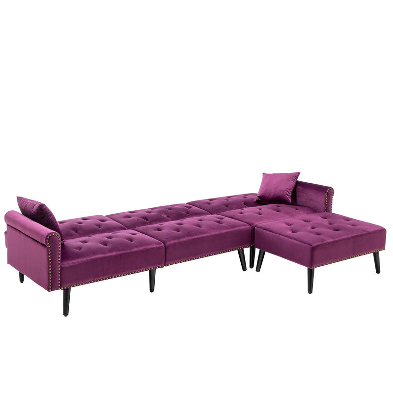 Lilola Home Piper Purple Velvet Sofa Bed with Ottoman and 2 Accent Pillows