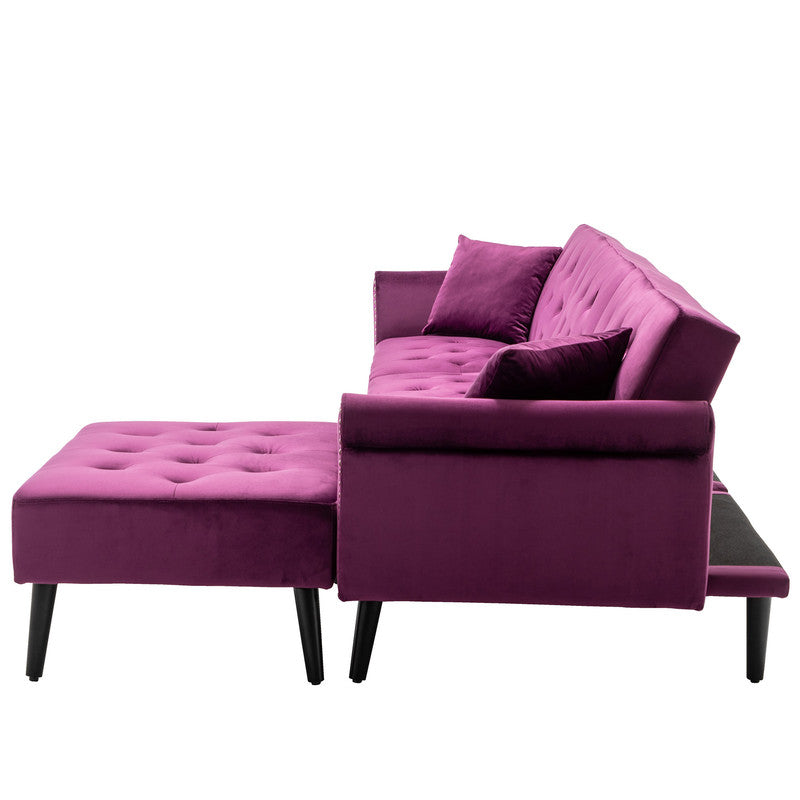 Lilola Home Piper Purple Velvet Sofa Bed with Ottoman and 2 Accent Pillows