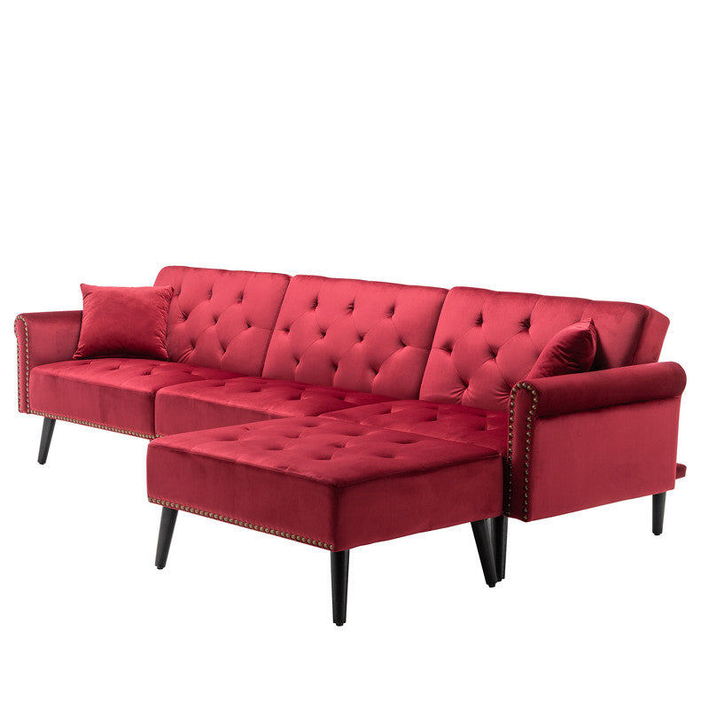 Lilola Home Piper Jujube Red Velvet Sofa Bed with Ottoman and 2 Accent Pillows