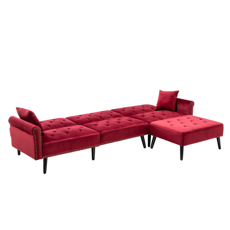 Lilola Home Piper Jujube Red Velvet Sofa Bed with Ottoman and 2 Accent Pillows