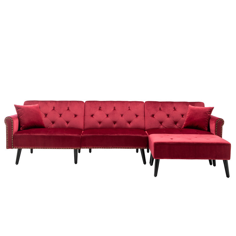 Lilola Home Piper Jujube Red Velvet Sofa Bed with Ottoman and 2 Accent Pillows