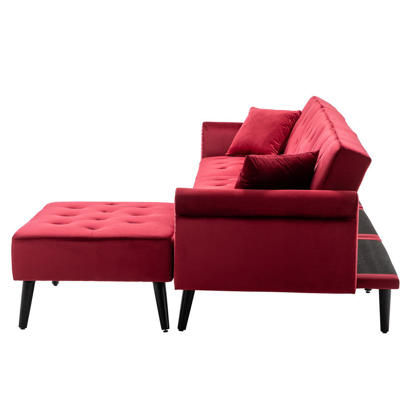 Lilola Home Piper Jujube Red Velvet Sofa Bed with Ottoman and 2 Accent Pillows