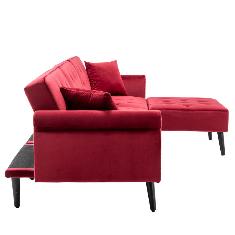 Lilola Home Piper Jujube Red Velvet Sofa Bed with Ottoman and 2 Accent Pillows