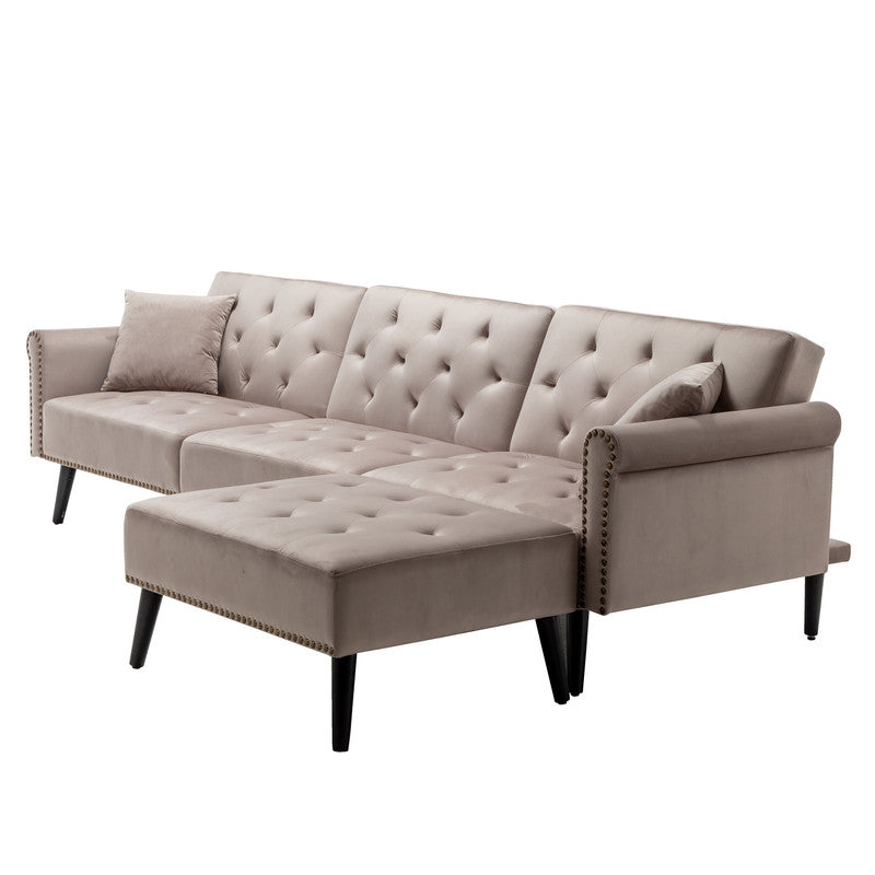 Lilola Home Piper Silver Gray Velvet Sofa Bed with Ottoman and 2 Accent Pillows