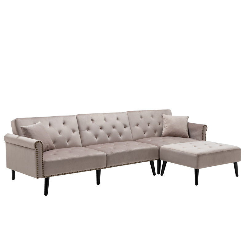 Lilola Home Piper Silver Gray Velvet Sofa Bed with Ottoman and 2 Accent Pillows