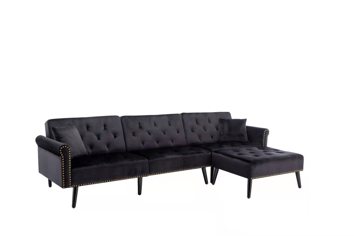 Lilola Home Piper Black Velvet Sofa Bed with Ottoman and 2 Accent Pillows